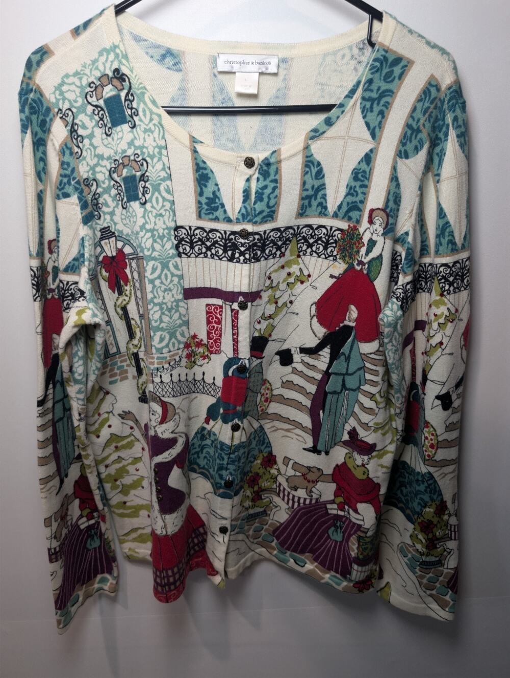 Christopher & Banks Holiday Shirt Whimsical Cardigan Women's Size Large Cotton